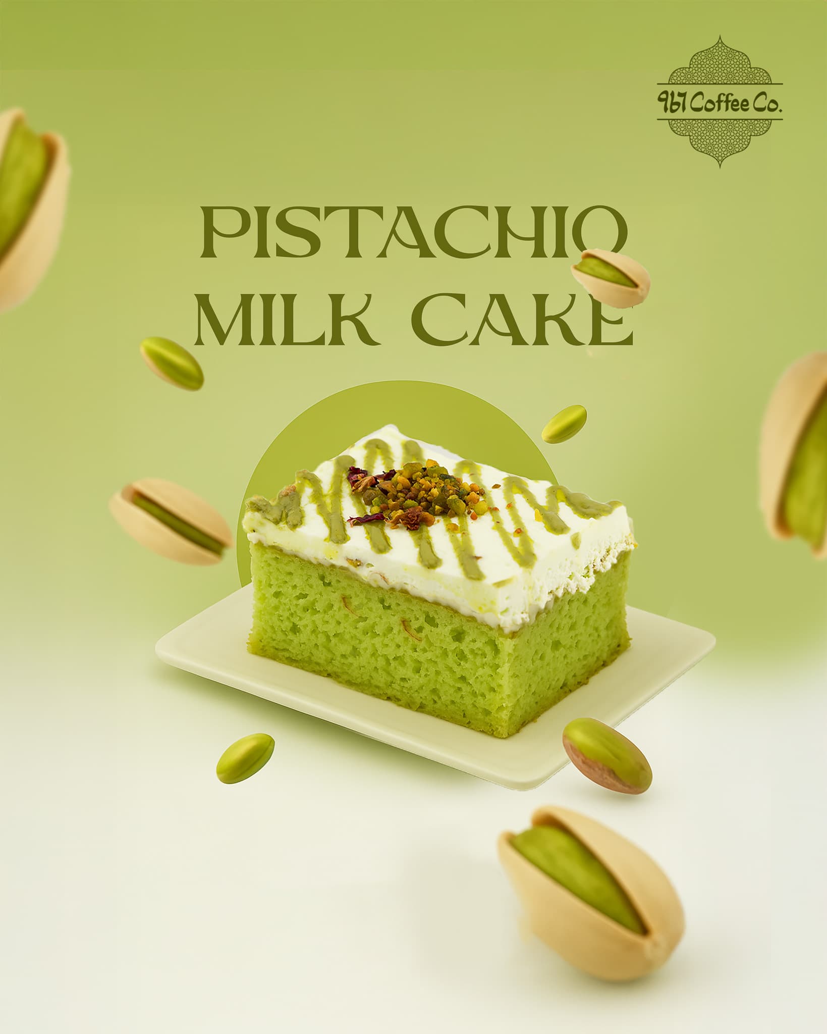 Pistachio Milkcake — Pistachio cream layered on soft milkcake.